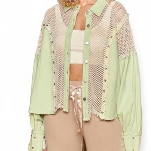 POL Lime Green Denim and Mesh Button Down Women’s S Oversized Star